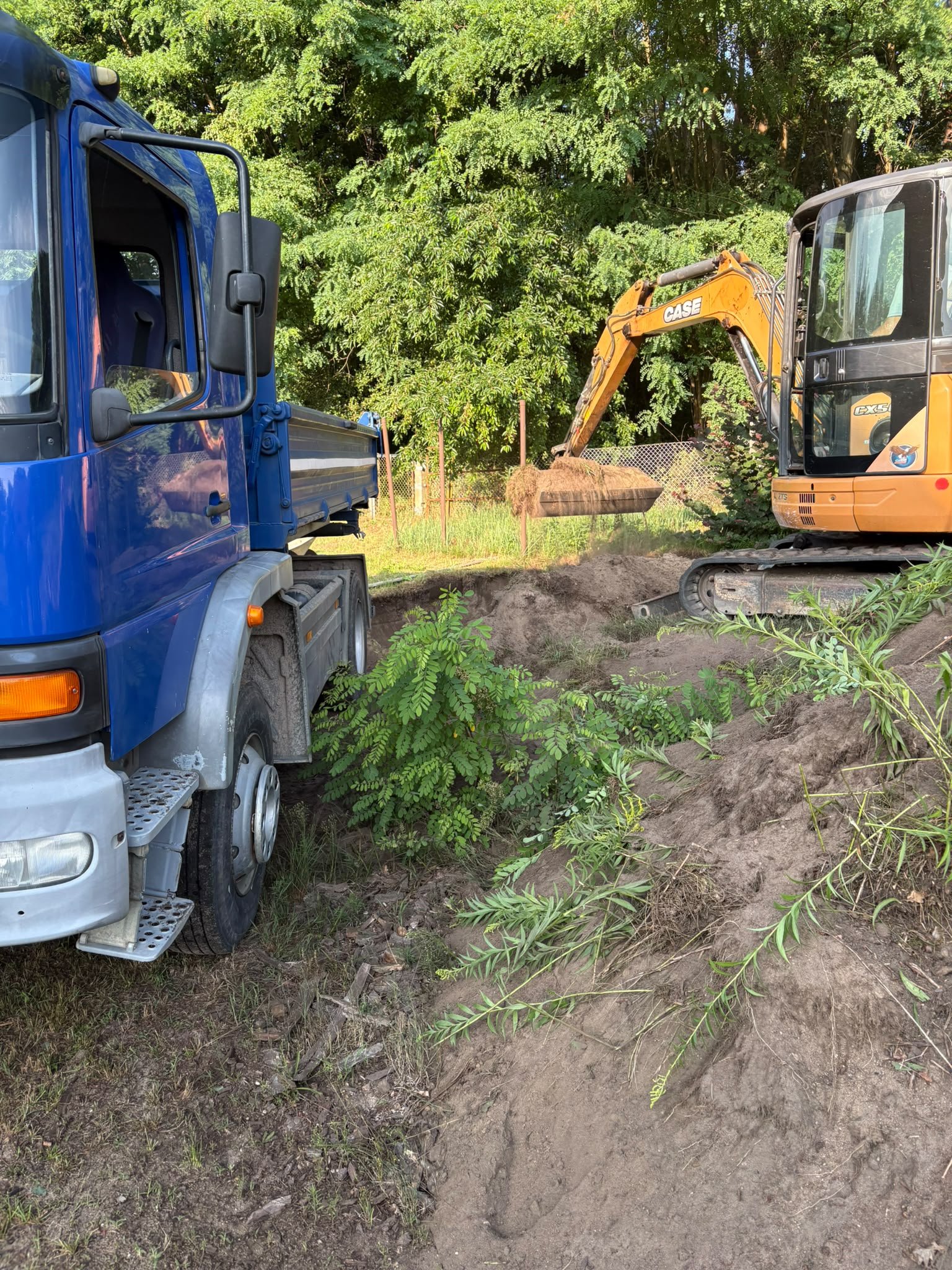 LKW und Bagger beim Aushub auf einem Grundstück