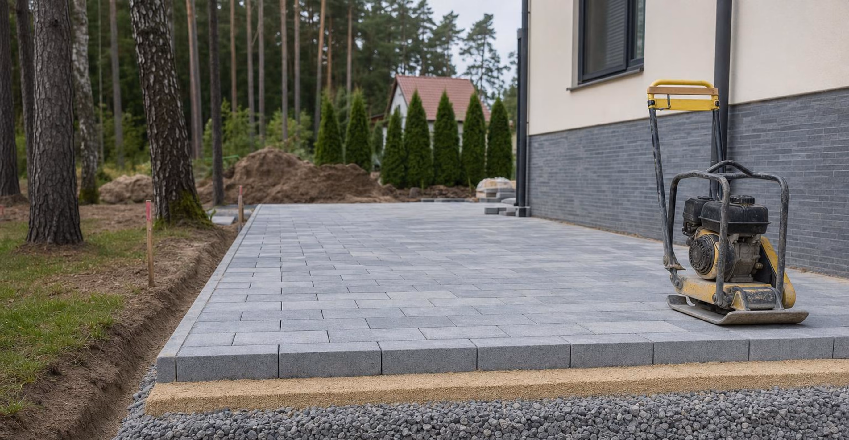 Pflasterfläche im Bau mit sichtbarem Schichtaufbau und Rüttelplatte