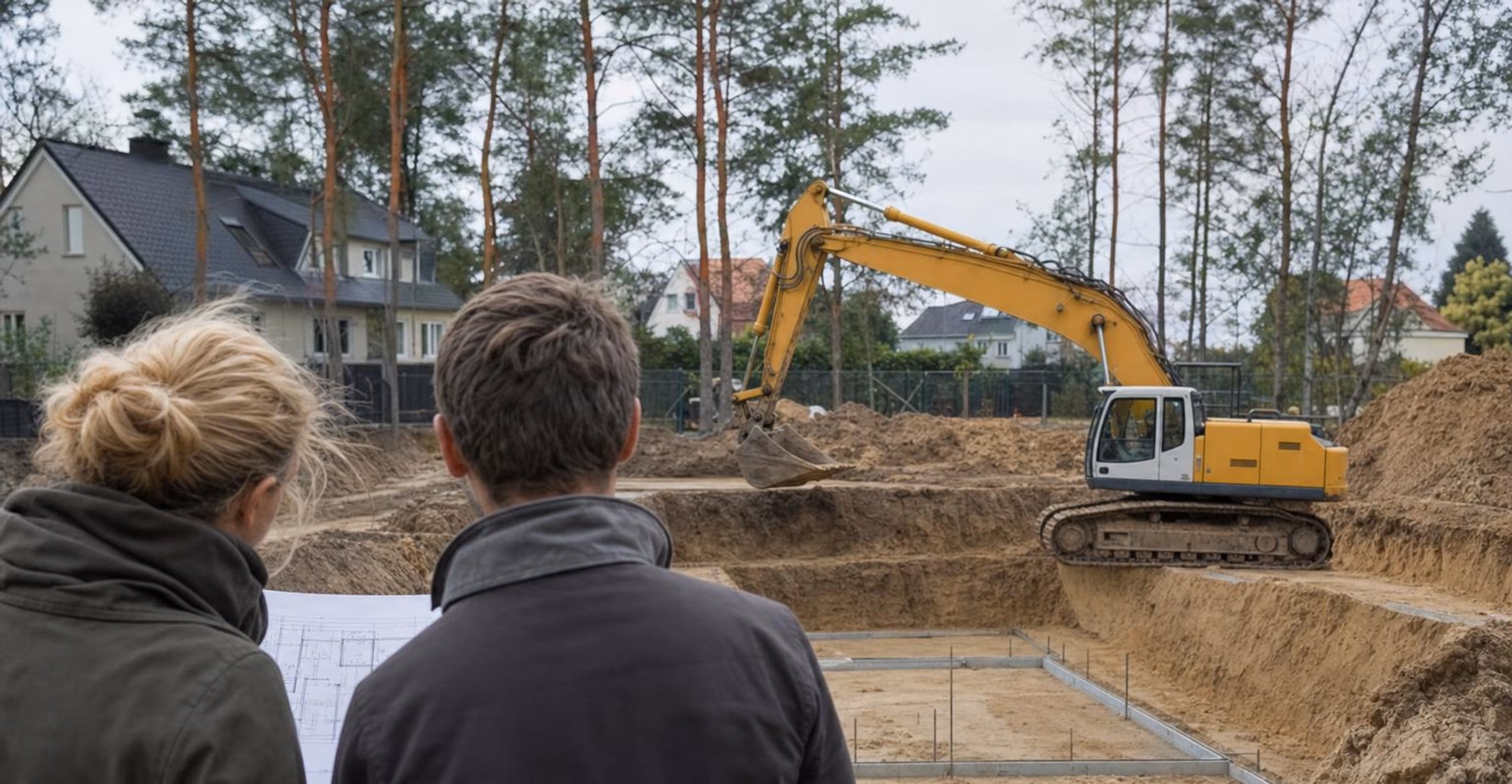 Bagger an einer Baugrube, im Vordergrund ein Bauherrenpaar mit Plan