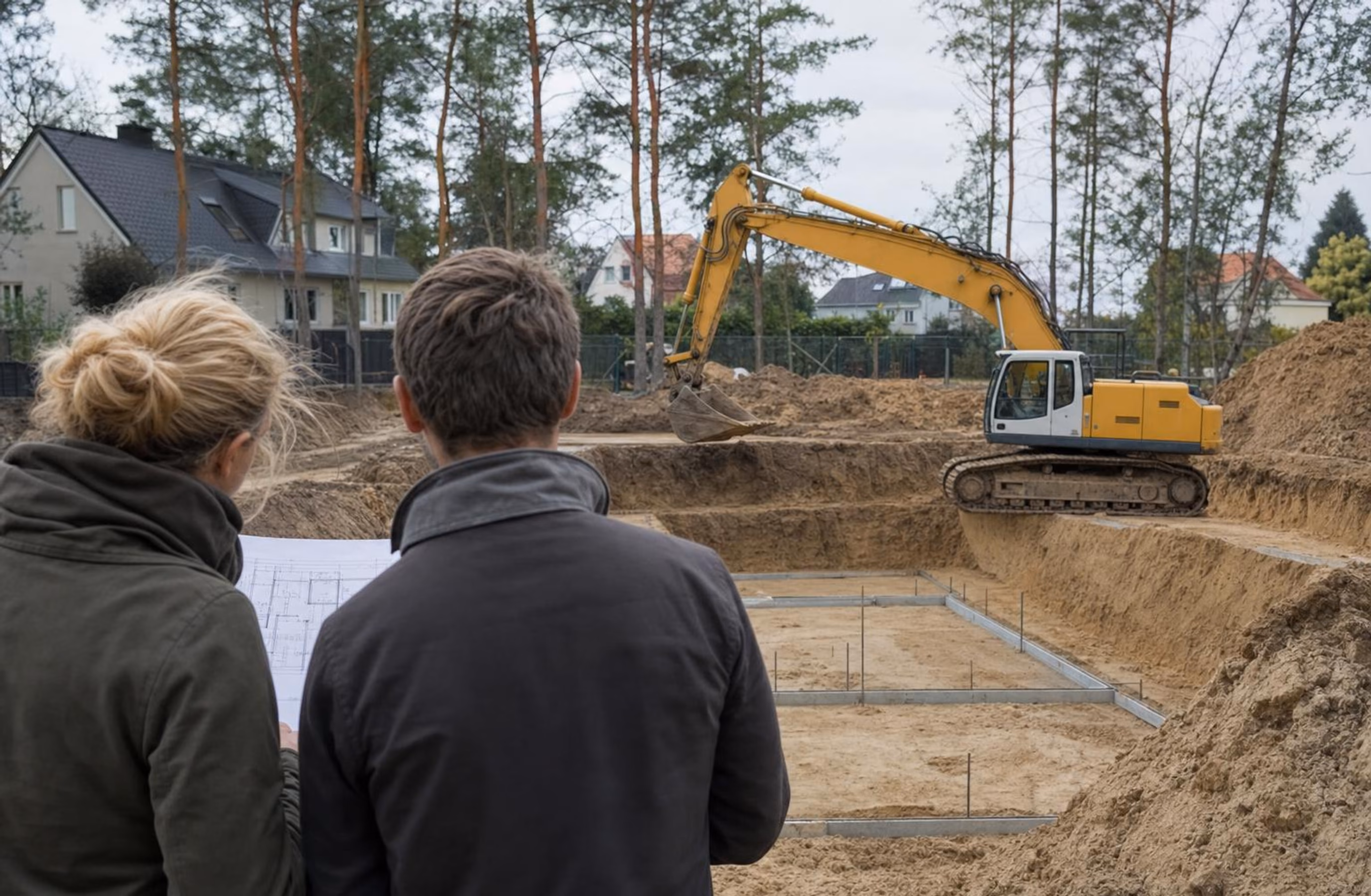 Bagger an einer Baugrube, im Vordergrund ein Bauherrenpaar mit Plan