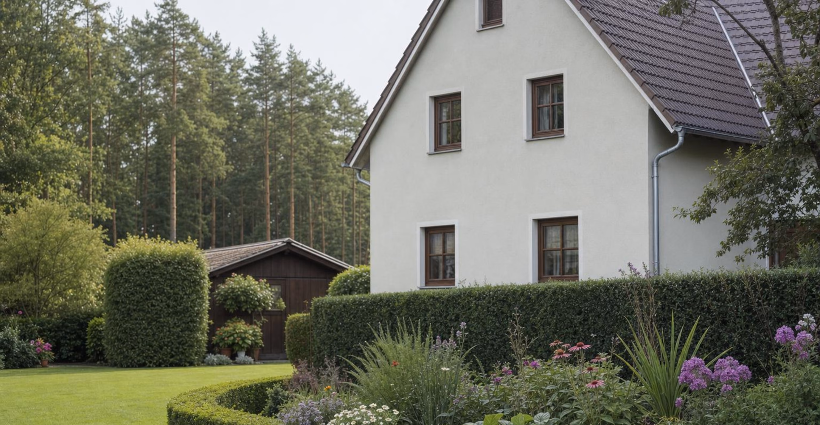 Gepflegter Garten im Spätsommer mit frisch geschnittener Hecke, Rasen und Staudenbeet