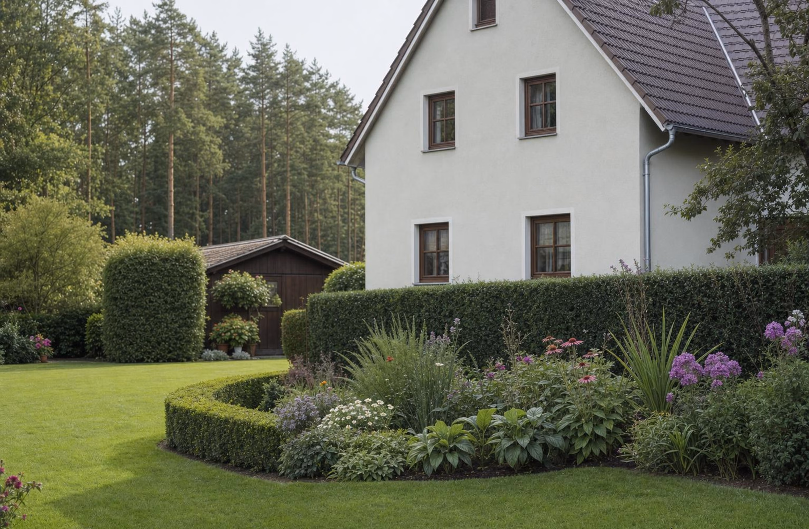 Gepflegter Garten im Spätsommer mit frisch geschnittener Hecke, Rasen und Staudenbeet