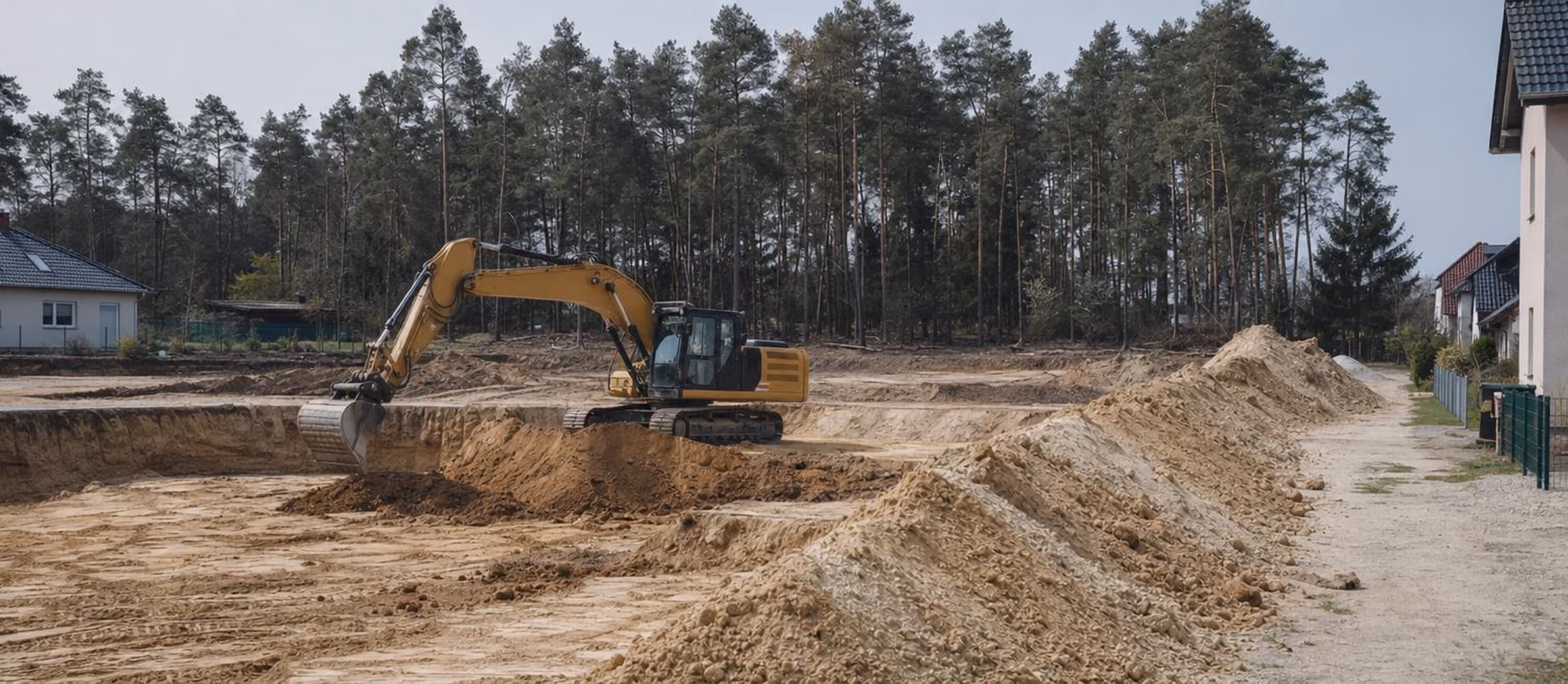 Kettenbagger hebt eine Baugrube aus, daneben ein langer Haufen Sandboden