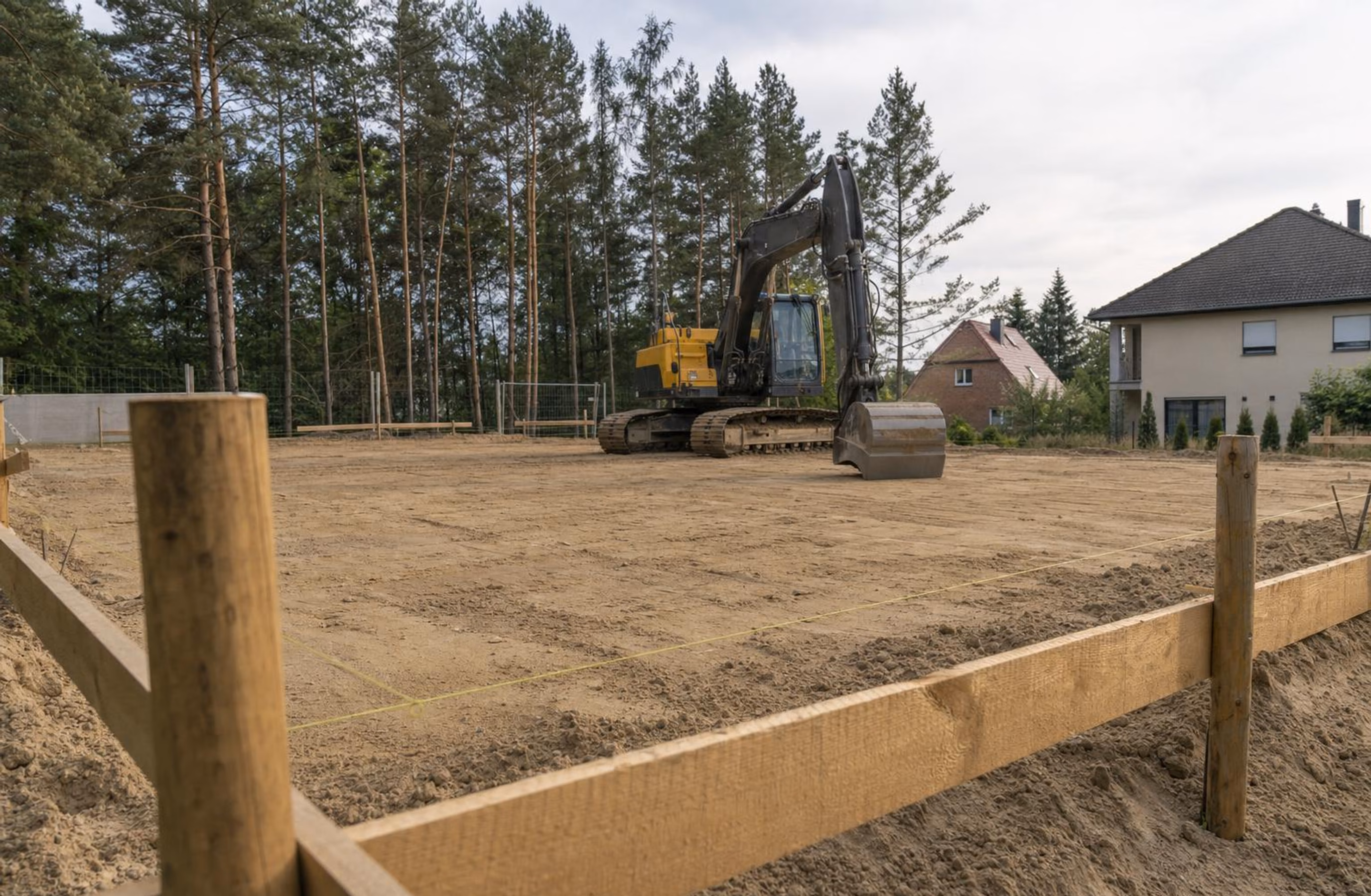 Kettenbagger auf einem eingeebneten Sandgrundstück hinter einem Schnurgerüst